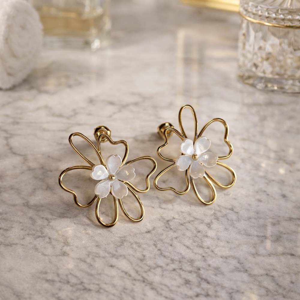 Gold and White Floral Earrings Chunky Earrings - Picture 4 of 13